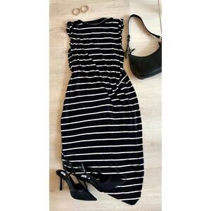 AllSaints Black White Stripe Asymmetric Draped Midi Dress Medium Minimalist